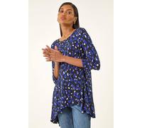 Roman Originals Hanky Hem Tunic Top for Women UK - Ladies Longline Blouse Asymmetric Hemline Casual Slouch Loose 3/4 Sleeves Round Neck Relaxed Comfortable Holiday - Royal Blue Noir - Size 14