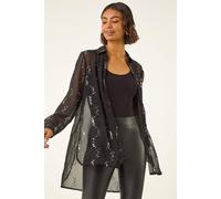 Roman Originals Spot Foil Print Longline Shirt For Women UK - Ladies Everyday Autumn Winter Shirt Style Collar Comfy Soft Evening Vacation Work Party Night Out - Black - Size 12