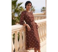 Roman Women's Spot Print Chiffon Pleated Midi Dress in Chocolate | Size: 12