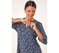 Roman Originals Shirt for Women UK Ladies Top Collarless Blouse Stretchy Tunic Smart Casual Autumn Winter Jersey 3/4 Length Sleeve Notch V Neck Flattering Office Work - Grey Blue - Size 14