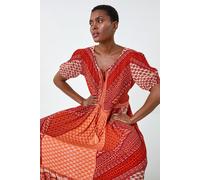 Roman Originals Stripe Border Print Crinkle Maxi Dress for Women UK - Ladies Everyday Holiday Spring Summer Notch Neckline Comfy Soft Evening Vacation Work Party - Rust - Size 12