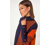 Roman Originals Stripe Colour Block Jumper for Women UK - Ladies Everyday Autumn Winter Roll Neckline Comfy Soft Evening Vacation Work Party Night Out - Midnight Blue - Size 14