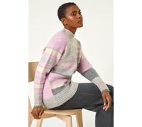 Roman Originals Stripe Colour Block Knitted Jumper for Women UK - Ladies Everyday Autumn Winter Funnel Neckline Comfy Soft Evening Vacation Work Party Night Out - Light Grey - Size 16