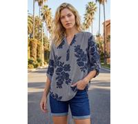 Roman Women's Stripe Floral Print Stretch Shirt in Navy | Size: 12 Roman Navy 12