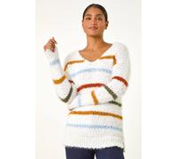 Roman Women's Stripe Fluffy Knit Jumper in Ivory | Size: 12
