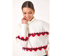 Roman Originals Stripe Heart Cowl Neck Knit Jumper for Women UK - Ladies Everyday Autumn Winter Comfy Soft Evening Vacation Work Party Night Out - Cerise - Size M