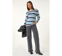 Roman Women Stripe Print Jumper Ladies Winter Autumn Knit Knitted Sweater Embroidered Knitwear Casual Smart Round Crew Neck Pull Over Everyday Going Out Party - Rust Ivory - Size 14