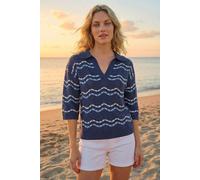 Roman Women's Stripe Wave Knit Polo Top in Navy | Size: 18 Roman Navy 18