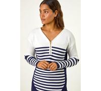 Roman Originals Ribbed Jumper for Women UK - Ladies Textured Top Colour Block Knitted Tunic Autumn Winter Zip Everyday Casual Blouse Day V-Neck Warm Long Sleeve Cosy Jersey - Ivory - Size 12