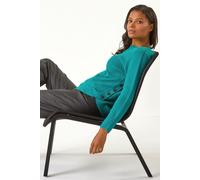 Roman Originals Textured Curved Hem Jumper for Women UK - Ladies Everyday Autumn Winter Round Neckline Comfy Soft Evening Vacation Work Party Night Out - Teal - Size 14