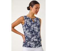 Roman Originals Textured Ditsy Floral Print Top for Women UK - Ladies Everyday Holiday Spring Summer Round Neckline Comfy Soft Evening Vacation Work Party - Navy - Size 20