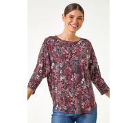 Roman Abstract Raglan Sleeve Stretch Top for Women UK - Ladies Autumn Everyday Winter Holiday Round Neckline Comfy 3/4 Sleeve Soft Relaxed Fit Shirt Desk to Dinner Blouses - Red White - Size 12