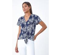 Roman Originals Women Knot Tie Hem Top - Ladies Blouse Shirt Burnout Print Summer Sleeveless Short Sleeve Spring Everyday Holiday Notch Neckline Comfy Soft Relaxed - Navy & Ivory - Size 16