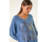 Roman Originals Textured Foil Snit V-Neck Top for Women UK - Ladies Everyday Holiday Spring Summer V-Neckline Comfy Soft Evening Vacation Work Party - Navy - Size L