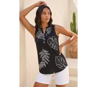 Roman Originals Sleeveless Shirt for Women UK Ladies Vest Tank Top Summer Smart Blouse Stretchy Jersey T-Shirt Casual Spring Holiday Party Beach Vacation Notch Neck - Noir Leaf - Size 12