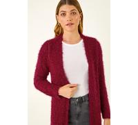 Roman Women Fluffy Cardigan Ladies Winter Cardi Longline Edge to Edge Ombre Coatigan Casual Sparkly Glittery Jacket Knitwear Knitted Autumn Fleecy Cosy Soft Coats - Crimson - Size 14