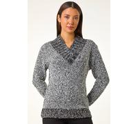 Roman Originals Jumper for Women UK - Ladies Button Detail Embellished Tunic Sweater V-Neck Overlap Autumn Winter Smart Office Work Wear Casual Warm Cosy Pullover Day - Charcoal - Size 14