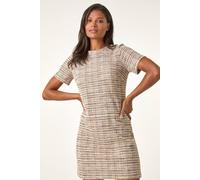 Roman Originals Textured Pocket Stretch Shift Dress for Women UK - Ladies Everyday Autumn Winter Round Neckline Comfy Soft Evening Vacation Work Party Night Out - Tan - Size 10