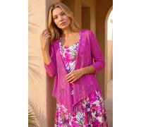 Roman Originals Women Textured Pointelle Shrug - Ladies Drop Needle Open/Tie Front Cropped Cardigan Lace Embellished Casual Summer Classic Cover Up Knitwear Cardie - Fuchsia Rose - Size 14