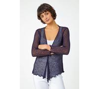 Roman Originals Women Textured Pointelle Shrug - Ladies Drop Needle Open/Tie Front Cropped Cardigan Lace Embellished Casual Summer Classic Cover Up Knitwear Cardie - Steel Navy - Size 20