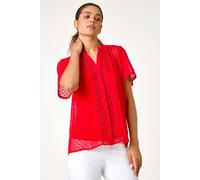 Roman Originals Textured Spot Lace Trim Blouse for Women UK - Ladies Everyday Holiday Spring Summer V-Neckline Comfy Soft Evening Vacation Work Party - Red - Size 14
