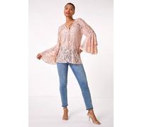Roman Tie Neck Lace Detail Top for Women UK - Ladies Spring Everyday Summer Holiday High Neckline Comfy Flare Sleeve Soft Jersey Shirt Dinner Date Blouses