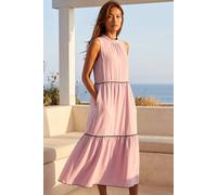 Roman Originals Tiered Swing Midi Dress for Women UK - Ladies Everyday Holiday Spring Summer Round Neckline Comfy Soft Evening Vacation Work Party - Light Pink - Size 16