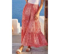 Roman Tile Tiered Palazzo Trouser for Women UK - Ladies Spring Everyday Summer Holiday Elasticated Waist Comfy Wide Leg Soft Lightweight Cool Bottoms Hippie Vacation Pants - Red - Size L