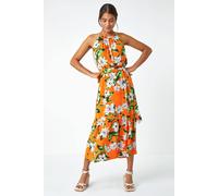 Roman Women Halterneck Midi Dress - Ladies Halter Neckline Maxi Spring Everyday Summer Holiday Sleeveless Soft Tie Waist Detail Keyhole Neck Gown Vacation Frocks - Orange Green - Size 20
