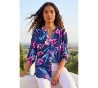 Roman Originals Shirt Top for Women UK Ladies Collarless Blouse Smart Tunic Button Through Longline Asymmetric Hem 3/4 Length Roll Up Sleeves V Neck Going Out - Pink & Navy - Size 16