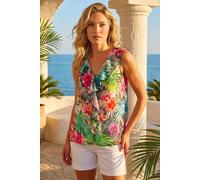 Roman Women Frill Front Vest Top Ladies Ruffle Blouse Summer Spring Special Occasion Evening Holiday Cruise Cocktail Party Short Long Sleeve Sleeveless V-Neck - Multi Tropical - Size 12