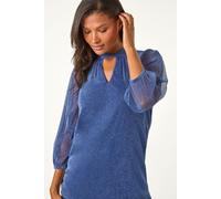 Roman Women's Twist Neck Glitter Mesh Top in Blue | Size: 10 Roman Blue 10