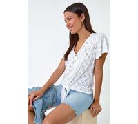 Roman Originals Women Broderie Anglaise Tie Front Top Ladies Floral Crochet Embroidered Blouse Smart Casual Button Down Summer T-Shirt Tee Spring Cruise Beach Holiday Party - Ivory - Size 18