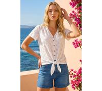 Roman Originals Women Broderie Anglaise Tie Front Top Ladies Floral Crochet Embroidered Blouse Smart Casual Button Down Summer T-Shirt Tee Spring Cruise Beach Holiday Party - Ivory - Size 20