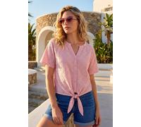 Roman Women Broderie Anglaise Tie Front Top Ladies Floral Crochet Embroidered Blouse Smart Casual Button Down Summer T-Shirt Tee Spring Cruise Beach Holiday Party - Pink - Size 20