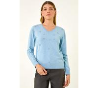 Roman Women's V-Neck Flower Hotfix Jumper in Light Blue | Size: 12 Roman Light Blue 12