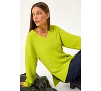 Roman Originals Plain V-Neck Fluffy Knit Jumper for Women UK - Ladies Everyday Autumn Winter V-Neckline Comfy Soft Evening Vacation Work Party Night Out - Lime - Size 14