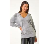 Roman Women's V-Neck Heart Hotfix Detail Jumper in Light Grey | Size: 16 Roman Light Grey 16