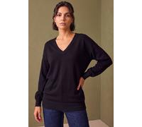 Roman Originals V-Neck Jumper for Women UK Ladies Boyfriend Fit Slouch Sweater Winter Autumn Textured Casual Flattering Knit Pullover Knitwear Daywear Lightweight Lounge - Black - Size 14