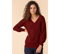 Roman Originals V-Neck Jumper for Women UK Ladies Boyfriend Fit Slouch Sweater Winter Autumn Textured Casual Flattering Knit Pullover Knitwear Daywear Lightweight Lounge - Red - Size 20