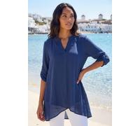 Roman Originals Floral Print Tunic Top for Women UK Ladies Casual Shirt Smart Blouse Asymmetric Wrap Hem Summer Holiday Party Cruise 3/4 Sleeve Longline Oversized - Pale Navy - Size 10