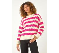 Roman Wave Colour Block Knit Jumper for Women UK - Ladies Autumn Everyday Winter Holiday Round Neckline Comfy Long Sleeve Soft Drop Shoulder Top Office Desk Sweaters - Cerise - Size 20