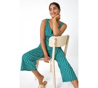 Roman Originals Belted Wave Print Cropped Jumpsuit for Women UK - Ladies Everyday Holiday Spring Summer Round Notch Neckline Comfy Soft Evening Vacation Work Party - Forest - Size 16
