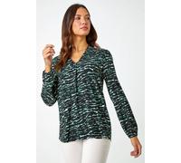 Roman Women's Wave Print Pleated V-Neck Stretch Top in Green | Size: 12