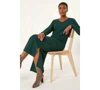 Roman Originals Wave Textured V-Neck Stretch Midi Dress for Women UK - Ladies Everyday Autumn Winter Round Neckline Comfy Soft Evening Vacation Work Party Night Out - Dark Green - Size 16