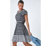 Roman Originals Zig Zag Border Print Shirred Dress for Women UK - Ladies Everyday Holiday Spring Summer Round Neckline Comfy Soft Evening Vacation Work Party - Black - Size 16