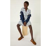 Roman Zig-Zag Embroidered Cotton Tunic Dress for Women UK - Ladies Spring Everyday Summer Holiday V-Neckline Comfy Short Sleeve Soft Knee Length Frock Beach Vacation Gowns - Blue - Size 14