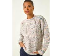 Roman Originals Zig Zag Pointelle Knit Jumper for Women UK - Ladies Everyday Holiday Spring Summer Round Neckline Comfy Soft Evening Vacation Work Party - Light Grey - Size 16