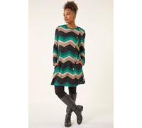 Roman Originals Zig Zag Side Button Dress for Women UK - Ladies Everyday Autumn Winter Round Neckline Comfy Soft Evening Vacation Work Party Night Out - Green - Size 18