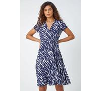 Roman Originals Wrap Dress for Women UK Ladies Swing Skater Fit & Flare A Line Tea Stretch Knee Length V-Neck Holiday Summer Smart Casual Work Party Evening - Navy & White - Size 20